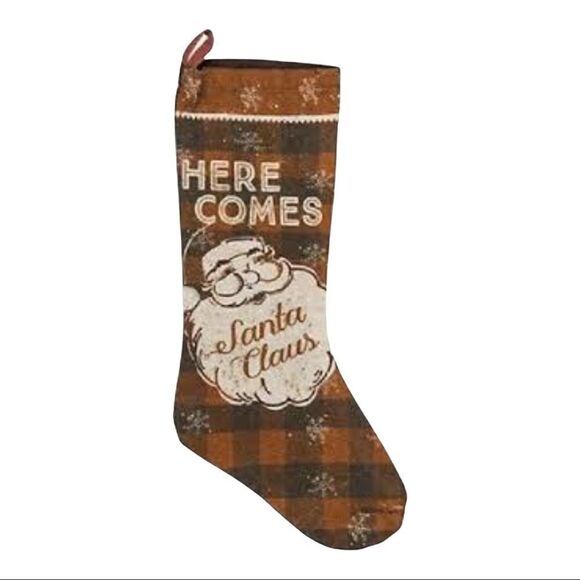 Christmas Stocking 19 Inch Buffalo Plaid Brown Here Comes Santa Claus Stocking - Picture 1 of 10